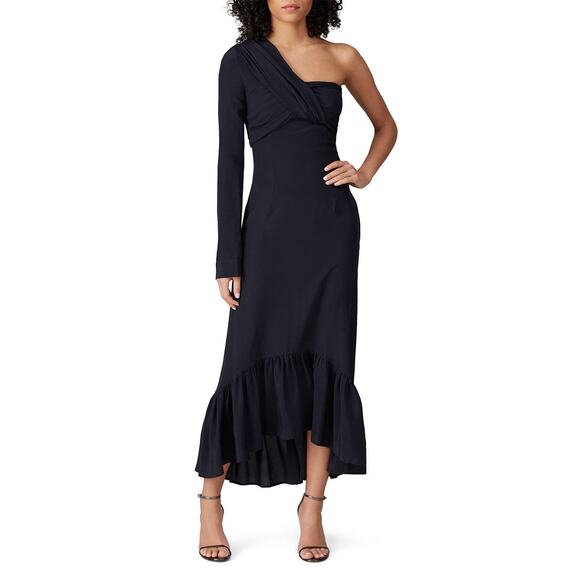 Rokh One Shoulder Knot Dress Women's 36 Navy Blue Crepe Midi Ruffle RTR - Picture 1 of 11